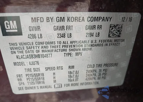 2017 Buick Encore Preferred from USA, damaged, VIN KL4CJASB3HB104877